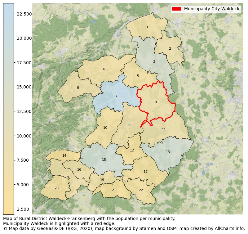 Map of Rural district Waldeck-Frankenberg with the population per municipality.Municipality Waldeck is highlighted with a red edge.. This page shows a lot of information about residents (such as the distribution by age groups, family composition, gender, native or German with an immigration background, ...), homes (numbers, types, price development, use, type of property, ...) and more (car ownership, energy consumption, ...) based on open data from the German Federal Agency for Cartography, the Federal Statistical Office (DESTATIS), the Regional Statistical Offices and various other sources!