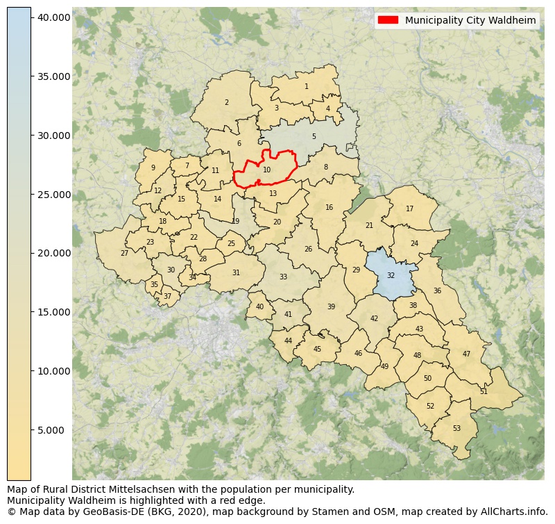 Map of Rural district Mittelsachsen with the population per municipality.Municipality Waldheim is highlighted with a red edge.. This page shows a lot of information about residents (such as the distribution by age groups, family composition, gender, native or German with an immigration background, ...), homes (numbers, types, price development, use, type of property, ...) and more (car ownership, energy consumption, ...) based on open data from the German Federal Agency for Cartography, the Federal Statistical Office (DESTATIS), the Regional Statistical Offices and various other sources!