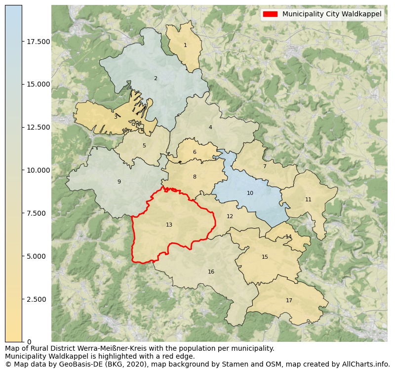 Map of Rural district Werra-Meißner-Kreis with the population per municipality.Municipality Waldkappel is highlighted with a red edge.. This page shows a lot of information about residents (such as the distribution by age groups, family composition, gender, native or German with an immigration background, ...), homes (numbers, types, price development, use, type of property, ...) and more (car ownership, energy consumption, ...) based on open data from the German Federal Agency for Cartography, the Federal Statistical Office (DESTATIS), the Regional Statistical Offices and various other sources!