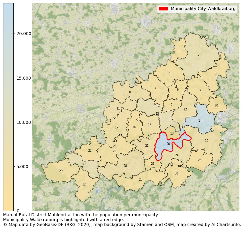 Map of Rural district Mühldorf a. Inn with the population per municipality.Municipality Waldkraiburg is highlighted with a red edge.. This page shows a lot of information about residents (such as the distribution by age groups, family composition, gender, native or German with an immigration background, ...), homes (numbers, types, price development, use, type of property, ...) and more (car ownership, energy consumption, ...) based on open data from the German Federal Agency for Cartography, the Federal Statistical Office (DESTATIS), the Regional Statistical Offices and various other sources!