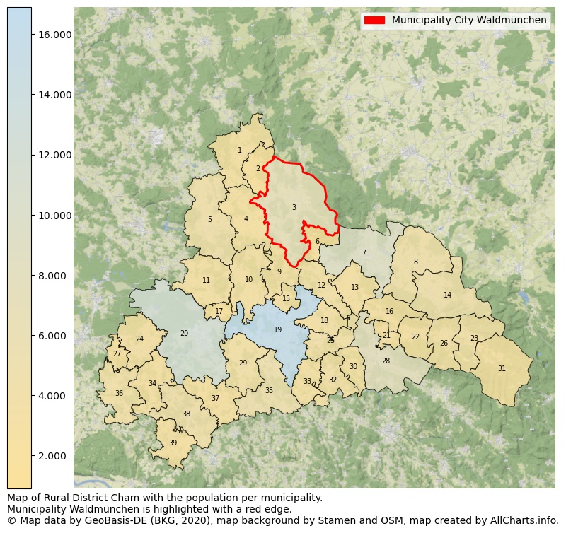 Map of Rural district Cham with the population per municipality.Municipality Waldmünchen is highlighted with a red edge.. This page shows a lot of information about residents (such as the distribution by age groups, family composition, gender, native or German with an immigration background, ...), homes (numbers, types, price development, use, type of property, ...) and more (car ownership, energy consumption, ...) based on open data from the German Federal Agency for Cartography, the Federal Statistical Office (DESTATIS), the Regional Statistical Offices and various other sources!