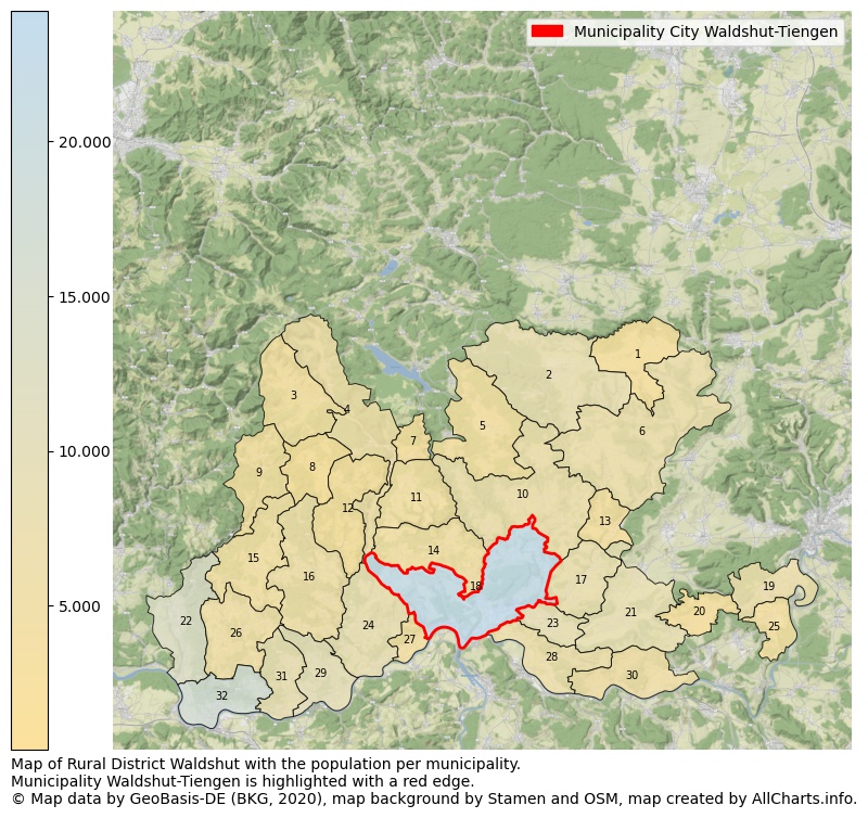 Map of Rural district Waldshut with the population per municipality.Municipality Waldshut-Tiengen is highlighted with a red edge.. This page shows a lot of information about residents (such as the distribution by age groups, family composition, gender, native or German with an immigration background, ...), homes (numbers, types, price development, use, type of property, ...) and more (car ownership, energy consumption, ...) based on open data from the German Federal Agency for Cartography, the Federal Statistical Office (DESTATIS), the Regional Statistical Offices and various other sources!