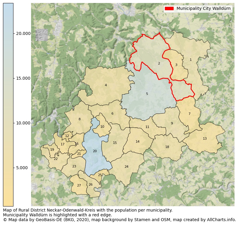 Map of Rural district Neckar-Odenwald-Kreis with the population per municipality.Municipality Walldürn is highlighted with a red edge.. This page shows a lot of information about residents (such as the distribution by age groups, family composition, gender, native or German with an immigration background, ...), homes (numbers, types, price development, use, type of property, ...) and more (car ownership, energy consumption, ...) based on open data from the German Federal Agency for Cartography, the Federal Statistical Office (DESTATIS), the Regional Statistical Offices and various other sources!