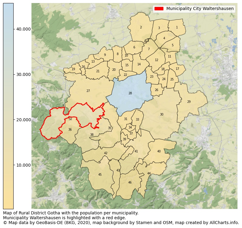 Map of Rural district Gotha with the population per municipality.Municipality Waltershausen is highlighted with a red edge.. This page shows a lot of information about residents (such as the distribution by age groups, family composition, gender, native or German with an immigration background, ...), homes (numbers, types, price development, use, type of property, ...) and more (car ownership, energy consumption, ...) based on open data from the German Federal Agency for Cartography, the Federal Statistical Office (DESTATIS), the Regional Statistical Offices and various other sources!