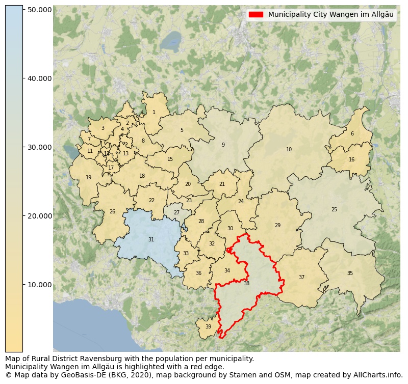 Map of Rural district Ravensburg with the population per municipality.Municipality Wangen im Allgäu is highlighted with a red edge.. This page shows a lot of information about residents (such as the distribution by age groups, family composition, gender, native or German with an immigration background, ...), homes (numbers, types, price development, use, type of property, ...) and more (car ownership, energy consumption, ...) based on open data from the German Federal Agency for Cartography, the Federal Statistical Office (DESTATIS), the Regional Statistical Offices and various other sources!