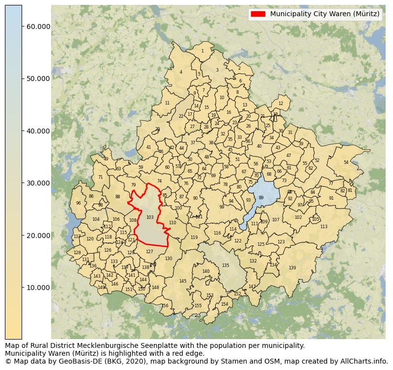 Map of Rural district Mecklenburgische Seenplatte with the population per municipality.Municipality Waren (Müritz) is highlighted with a red edge.. This page shows a lot of information about residents (such as the distribution by age groups, family composition, gender, native or German with an immigration background, ...), homes (numbers, types, price development, use, type of property, ...) and more (car ownership, energy consumption, ...) based on open data from the German Federal Agency for Cartography, the Federal Statistical Office (DESTATIS), the Regional Statistical Offices and various other sources!