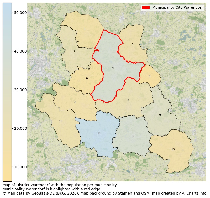 Map of District Warendorf with the population per municipality.Municipality Warendorf is highlighted with a red edge.. This page shows a lot of information about residents (such as the distribution by age groups, family composition, gender, native or German with an immigration background, ...), homes (numbers, types, price development, use, type of property, ...) and more (car ownership, energy consumption, ...) based on open data from the German Federal Agency for Cartography, the Federal Statistical Office (DESTATIS), the Regional Statistical Offices and various other sources!
