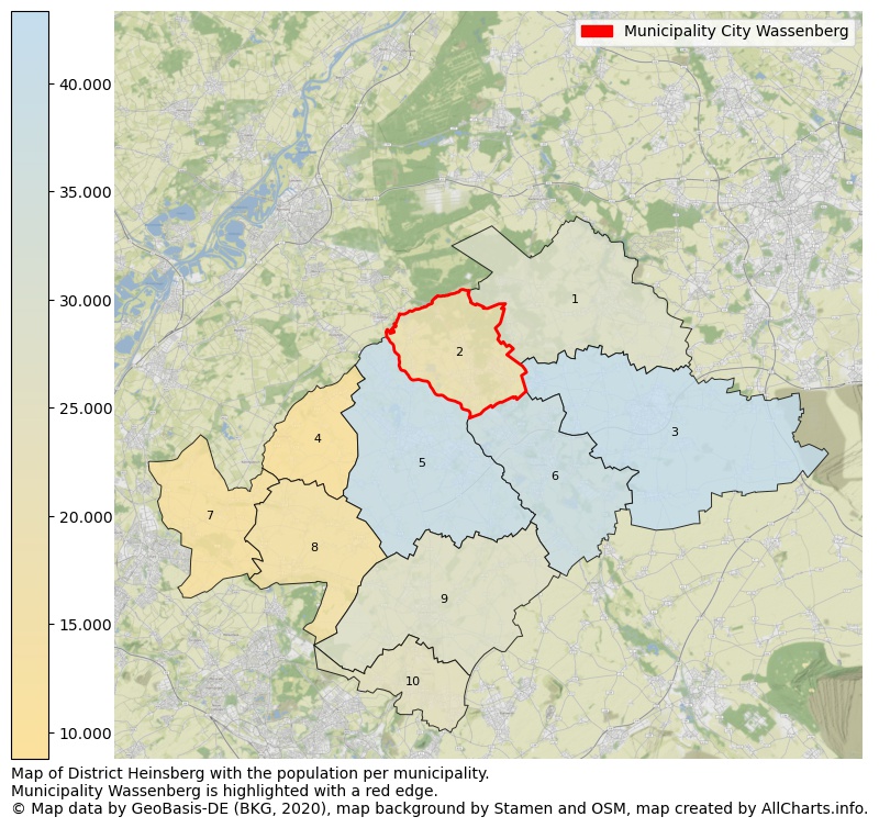 Map of District Heinsberg with the population per municipality.Municipality Wassenberg is highlighted with a red edge.. This page shows a lot of information about residents (such as the distribution by age groups, family composition, gender, native or German with an immigration background, ...), homes (numbers, types, price development, use, type of property, ...) and more (car ownership, energy consumption, ...) based on open data from the German Federal Agency for Cartography, the Federal Statistical Office (DESTATIS), the Regional Statistical Offices and various other sources!