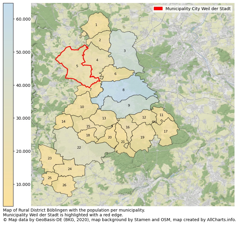 Map of Rural district Böblingen with the population per municipality.Municipality Weil der Stadt is highlighted with a red edge.. This page shows a lot of information about residents (such as the distribution by age groups, family composition, gender, native or German with an immigration background, ...), homes (numbers, types, price development, use, type of property, ...) and more (car ownership, energy consumption, ...) based on open data from the German Federal Agency for Cartography, the Federal Statistical Office (DESTATIS), the Regional Statistical Offices and various other sources!