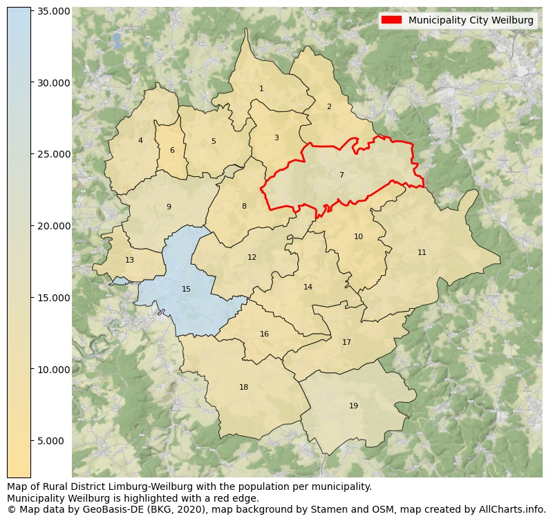 Map of Rural district Limburg-Weilburg with the population per municipality.Municipality Weilburg is highlighted with a red edge.. This page shows a lot of information about residents (such as the distribution by age groups, family composition, gender, native or German with an immigration background, ...), homes (numbers, types, price development, use, type of property, ...) and more (car ownership, energy consumption, ...) based on open data from the German Federal Agency for Cartography, the Federal Statistical Office (DESTATIS), the Regional Statistical Offices and various other sources!