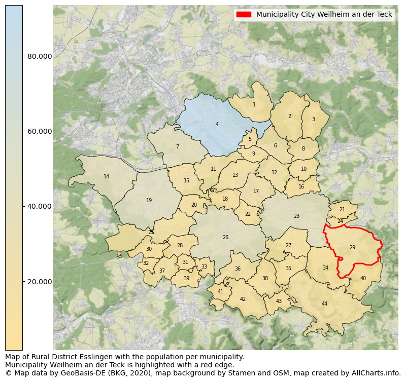 Map of Rural district Esslingen with the population per municipality.Municipality Weilheim an der Teck is highlighted with a red edge.. This page shows a lot of information about residents (such as the distribution by age groups, family composition, gender, native or German with an immigration background, ...), homes (numbers, types, price development, use, type of property, ...) and more (car ownership, energy consumption, ...) based on open data from the German Federal Agency for Cartography, the Federal Statistical Office (DESTATIS), the Regional Statistical Offices and various other sources!
