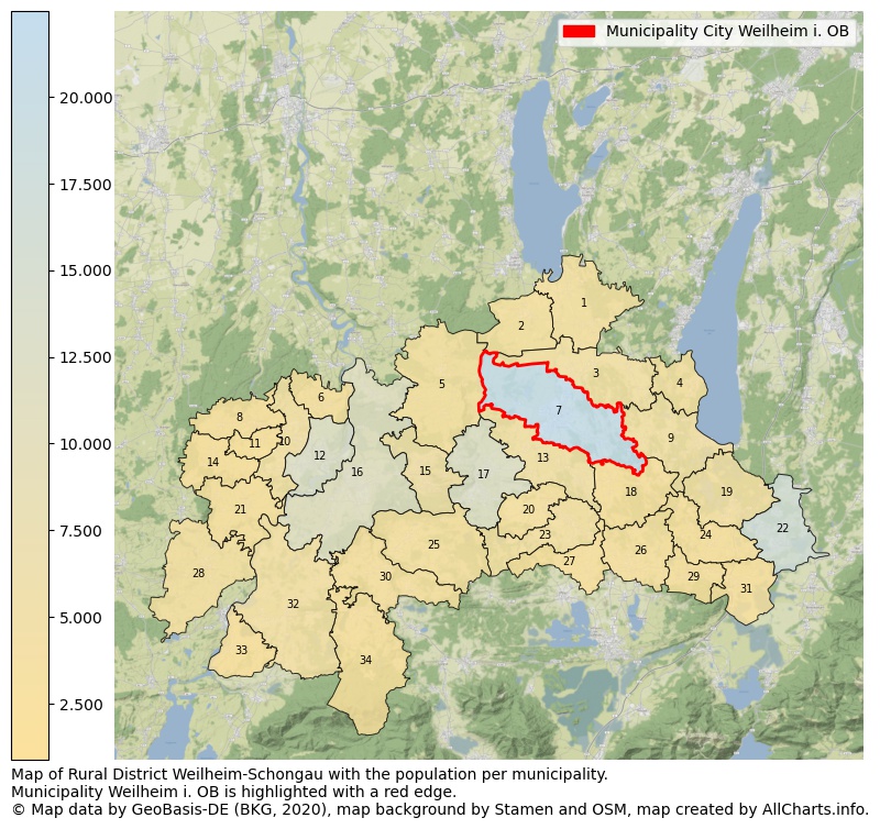 Map of Rural district Weilheim-Schongau with the population per municipality.Municipality Weilheim i. OB is highlighted with a red edge.. This page shows a lot of information about residents (such as the distribution by age groups, family composition, gender, native or German with an immigration background, ...), homes (numbers, types, price development, use, type of property, ...) and more (car ownership, energy consumption, ...) based on open data from the German Federal Agency for Cartography, the Federal Statistical Office (DESTATIS), the Regional Statistical Offices and various other sources!