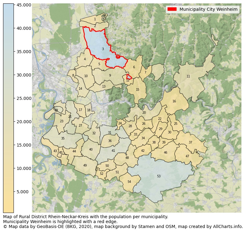 Map of Rural district Rhein-Neckar-Kreis with the population per municipality.Municipality Weinheim is highlighted with a red edge.. This page shows a lot of information about residents (such as the distribution by age groups, family composition, gender, native or German with an immigration background, ...), homes (numbers, types, price development, use, type of property, ...) and more (car ownership, energy consumption, ...) based on open data from the German Federal Agency for Cartography, the Federal Statistical Office (DESTATIS), the Regional Statistical Offices and various other sources!