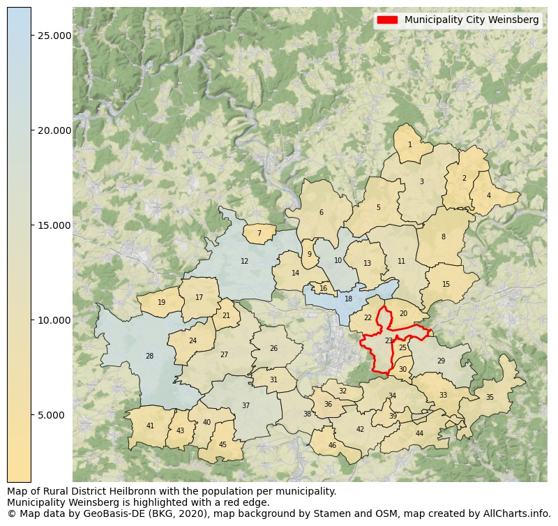 Map of Rural district Heilbronn with the population per municipality.Municipality Weinsberg is highlighted with a red edge.. This page shows a lot of information about residents (such as the distribution by age groups, family composition, gender, native or German with an immigration background, ...), homes (numbers, types, price development, use, type of property, ...) and more (car ownership, energy consumption, ...) based on open data from the German Federal Agency for Cartography, the Federal Statistical Office (DESTATIS), the Regional Statistical Offices and various other sources!