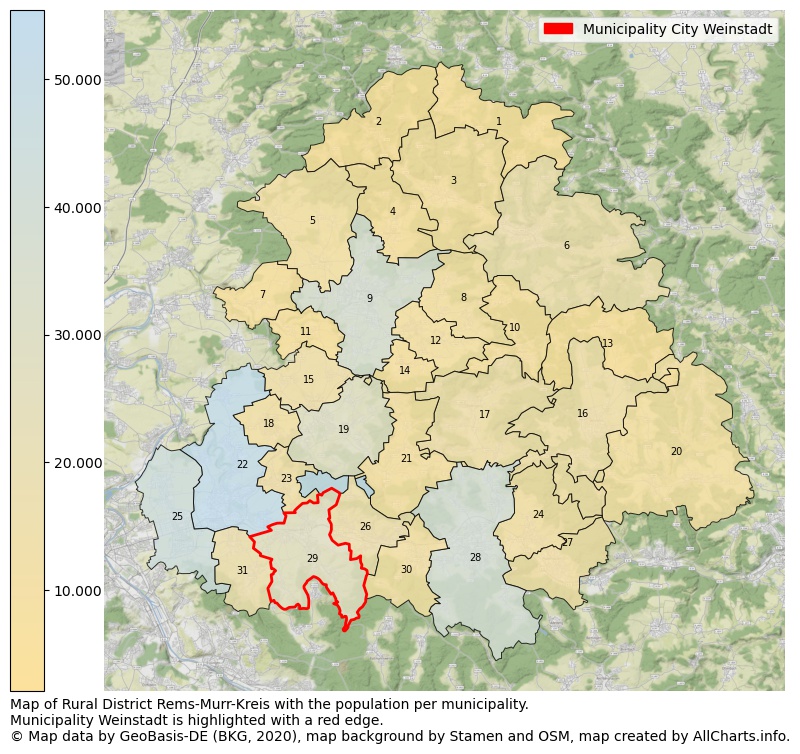 Map of Rural district Rems-Murr-Kreis with the population per municipality.Municipality Weinstadt is highlighted with a red edge.. This page shows a lot of information about residents (such as the distribution by age groups, family composition, gender, native or German with an immigration background, ...), homes (numbers, types, price development, use, type of property, ...) and more (car ownership, energy consumption, ...) based on open data from the German Federal Agency for Cartography, the Federal Statistical Office (DESTATIS), the Regional Statistical Offices and various other sources!