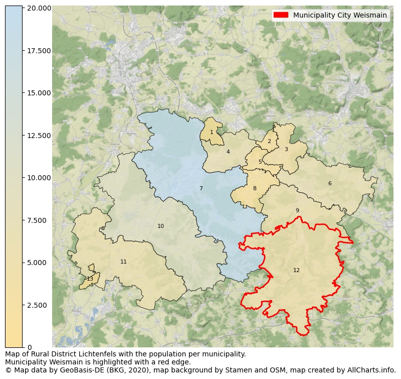 Map of Rural district Lichtenfels with the population per municipality.Municipality Weismain is highlighted with a red edge.. This page shows a lot of information about residents (such as the distribution by age groups, family composition, gender, native or German with an immigration background, ...), homes (numbers, types, price development, use, type of property, ...) and more (car ownership, energy consumption, ...) based on open data from the German Federal Agency for Cartography, the Federal Statistical Office (DESTATIS), the Regional Statistical Offices and various other sources!