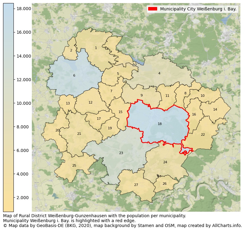Map of Rural district Weißenburg-Gunzenhausen with the population per municipality.Municipality Weißenburg i. Bay. is highlighted with a red edge.. This page shows a lot of information about residents (such as the distribution by age groups, family composition, gender, native or German with an immigration background, ...), homes (numbers, types, price development, use, type of property, ...) and more (car ownership, energy consumption, ...) based on open data from the German Federal Agency for Cartography, the Federal Statistical Office (DESTATIS), the Regional Statistical Offices and various other sources!