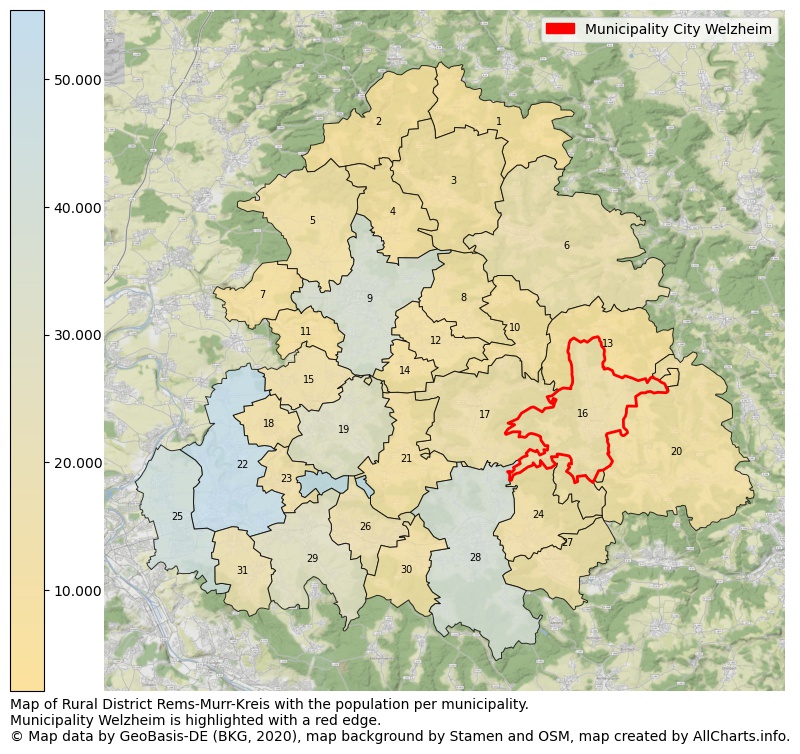 Map of Rural district Rems-Murr-Kreis with the population per municipality.Municipality Welzheim is highlighted with a red edge.. This page shows a lot of information about residents (such as the distribution by age groups, family composition, gender, native or German with an immigration background, ...), homes (numbers, types, price development, use, type of property, ...) and more (car ownership, energy consumption, ...) based on open data from the German Federal Agency for Cartography, the Federal Statistical Office (DESTATIS), the Regional Statistical Offices and various other sources!