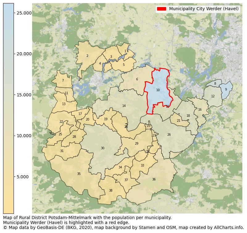Map of Rural district Potsdam-Mittelmark with the population per municipality.Municipality Werder (Havel) is highlighted with a red edge.. This page shows a lot of information about residents (such as the distribution by age groups, family composition, gender, native or German with an immigration background, ...), homes (numbers, types, price development, use, type of property, ...) and more (car ownership, energy consumption, ...) based on open data from the German Federal Agency for Cartography, the Federal Statistical Office (DESTATIS), the Regional Statistical Offices and various other sources!