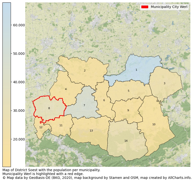 Map of District Soest with the population per municipality.Municipality Werl is highlighted with a red edge.. This page shows a lot of information about residents (such as the distribution by age groups, family composition, gender, native or German with an immigration background, ...), homes (numbers, types, price development, use, type of property, ...) and more (car ownership, energy consumption, ...) based on open data from the German Federal Agency for Cartography, the Federal Statistical Office (DESTATIS), the Regional Statistical Offices and various other sources!