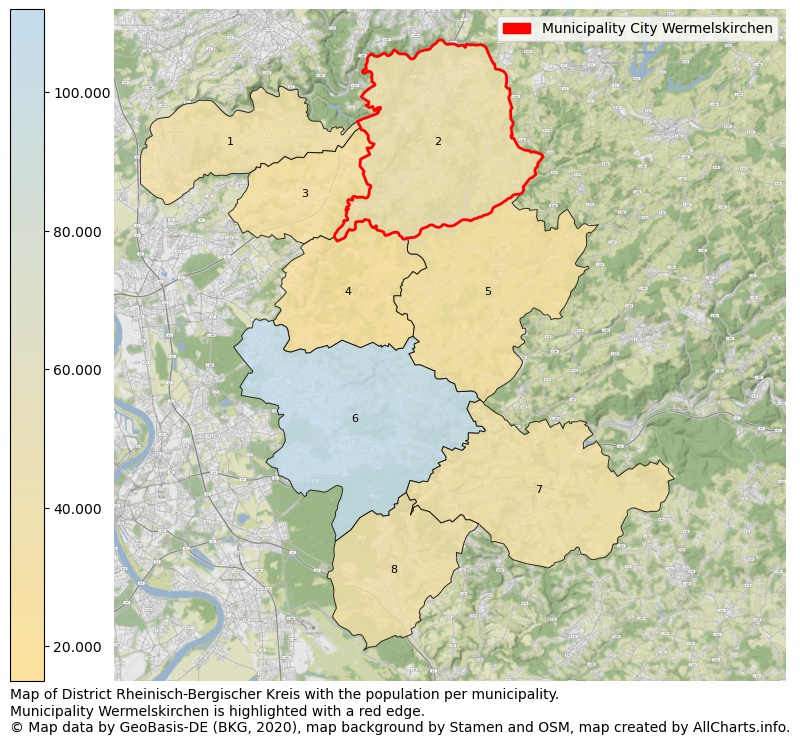 Map of District Rheinisch-Bergischer Kreis with the population per municipality.Municipality Wermelskirchen is highlighted with a red edge.. This page shows a lot of information about residents (such as the distribution by age groups, family composition, gender, native or German with an immigration background, ...), homes (numbers, types, price development, use, type of property, ...) and more (car ownership, energy consumption, ...) based on open data from the German Federal Agency for Cartography, the Federal Statistical Office (DESTATIS), the Regional Statistical Offices and various other sources!