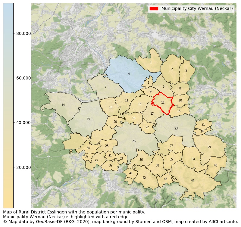 Map of Rural district Esslingen with the population per municipality.Municipality Wernau (Neckar) is highlighted with a red edge.. This page shows a lot of information about residents (such as the distribution by age groups, family composition, gender, native or German with an immigration background, ...), homes (numbers, types, price development, use, type of property, ...) and more (car ownership, energy consumption, ...) based on open data from the German Federal Agency for Cartography, the Federal Statistical Office (DESTATIS), the Regional Statistical Offices and various other sources!