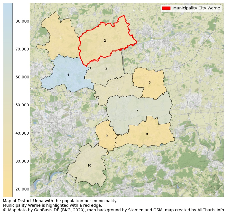 Map of District Unna with the population per municipality.Municipality Werne is highlighted with a red edge.. This page shows a lot of information about residents (such as the distribution by age groups, family composition, gender, native or German with an immigration background, ...), homes (numbers, types, price development, use, type of property, ...) and more (car ownership, energy consumption, ...) based on open data from the German Federal Agency for Cartography, the Federal Statistical Office (DESTATIS), the Regional Statistical Offices and various other sources!