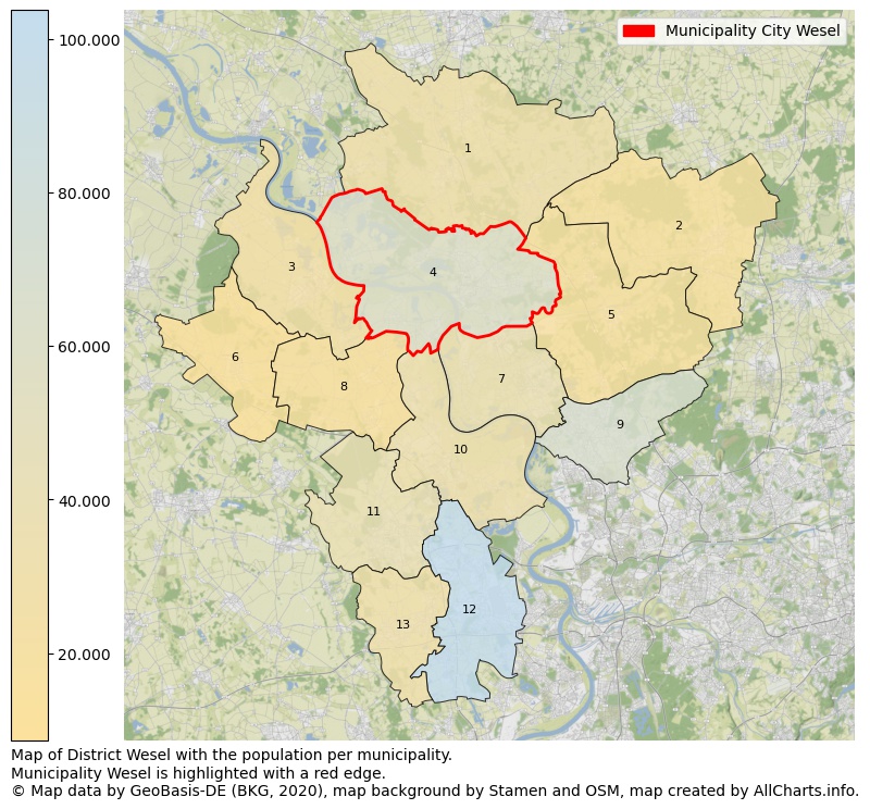 Map of District Wesel with the population per municipality.Municipality Wesel is highlighted with a red edge.. This page shows a lot of information about residents (such as the distribution by age groups, family composition, gender, native or German with an immigration background, ...), homes (numbers, types, price development, use, type of property, ...) and more (car ownership, energy consumption, ...) based on open data from the German Federal Agency for Cartography, the Federal Statistical Office (DESTATIS), the Regional Statistical Offices and various other sources!