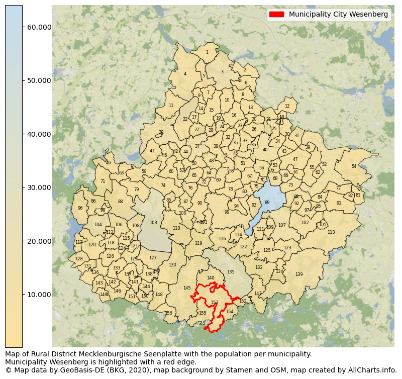 Map of Rural district Mecklenburgische Seenplatte with the population per municipality.Municipality Wesenberg is highlighted with a red edge.. This page shows a lot of information about residents (such as the distribution by age groups, family composition, gender, native or German with an immigration background, ...), homes (numbers, types, price development, use, type of property, ...) and more (car ownership, energy consumption, ...) based on open data from the German Federal Agency for Cartography, the Federal Statistical Office (DESTATIS), the Regional Statistical Offices and various other sources!