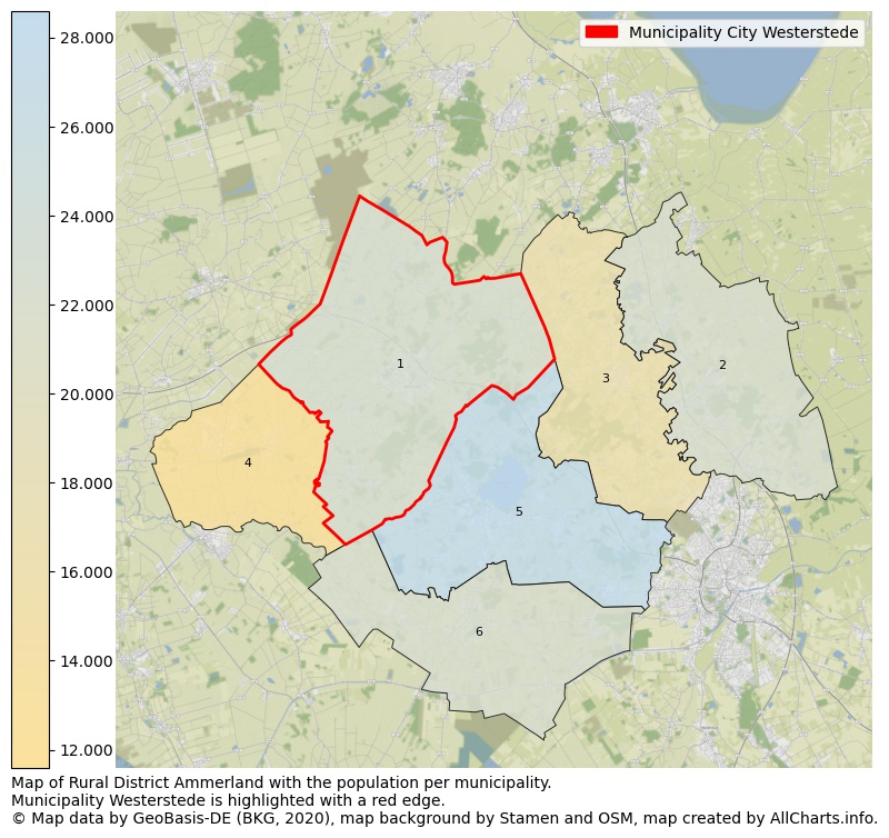 Map of Rural district Ammerland with the population per municipality.Municipality Westerstede is highlighted with a red edge.. This page shows a lot of information about residents (such as the distribution by age groups, family composition, gender, native or German with an immigration background, ...), homes (numbers, types, price development, use, type of property, ...) and more (car ownership, energy consumption, ...) based on open data from the German Federal Agency for Cartography, the Federal Statistical Office (DESTATIS), the Regional Statistical Offices and various other sources!
