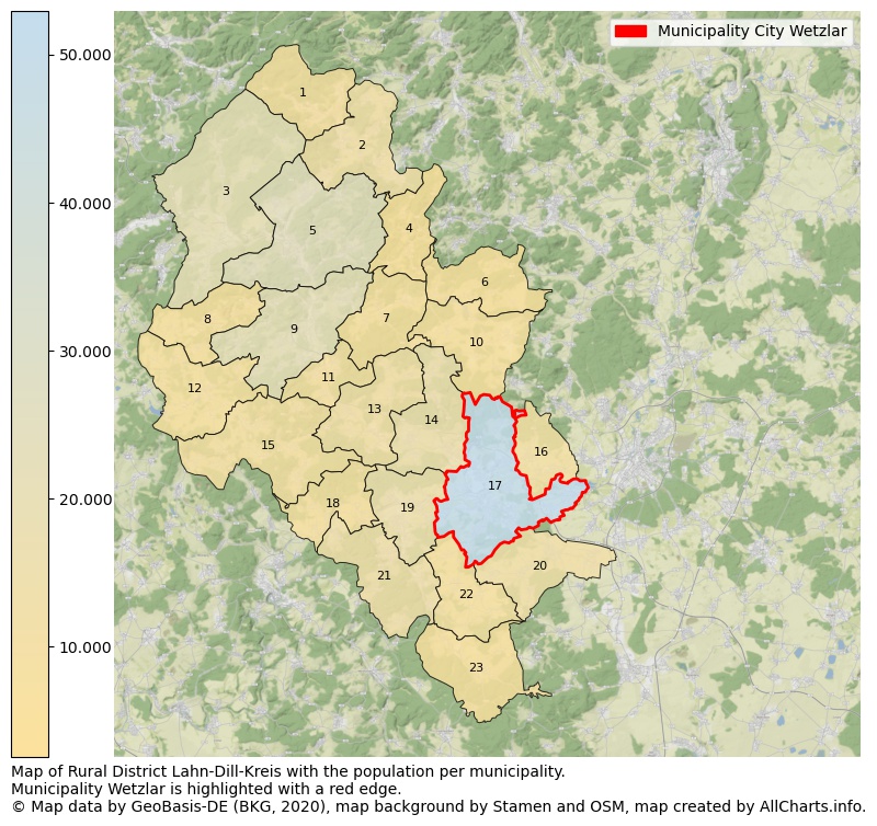 Map of Rural district Lahn-Dill-Kreis with the population per municipality.Municipality Wetzlar is highlighted with a red edge.. This page shows a lot of information about residents (such as the distribution by age groups, family composition, gender, native or German with an immigration background, ...), homes (numbers, types, price development, use, type of property, ...) and more (car ownership, energy consumption, ...) based on open data from the German Federal Agency for Cartography, the Federal Statistical Office (DESTATIS), the Regional Statistical Offices and various other sources!