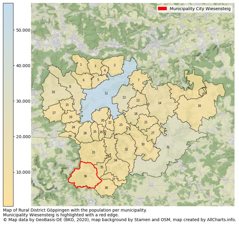Map of Rural district Göppingen with the population per municipality.Municipality Wiesensteig is highlighted with a red edge.. This page shows a lot of information about residents (such as the distribution by age groups, family composition, gender, native or German with an immigration background, ...), homes (numbers, types, price development, use, type of property, ...) and more (car ownership, energy consumption, ...) based on open data from the German Federal Agency for Cartography, the Federal Statistical Office (DESTATIS), the Regional Statistical Offices and various other sources!