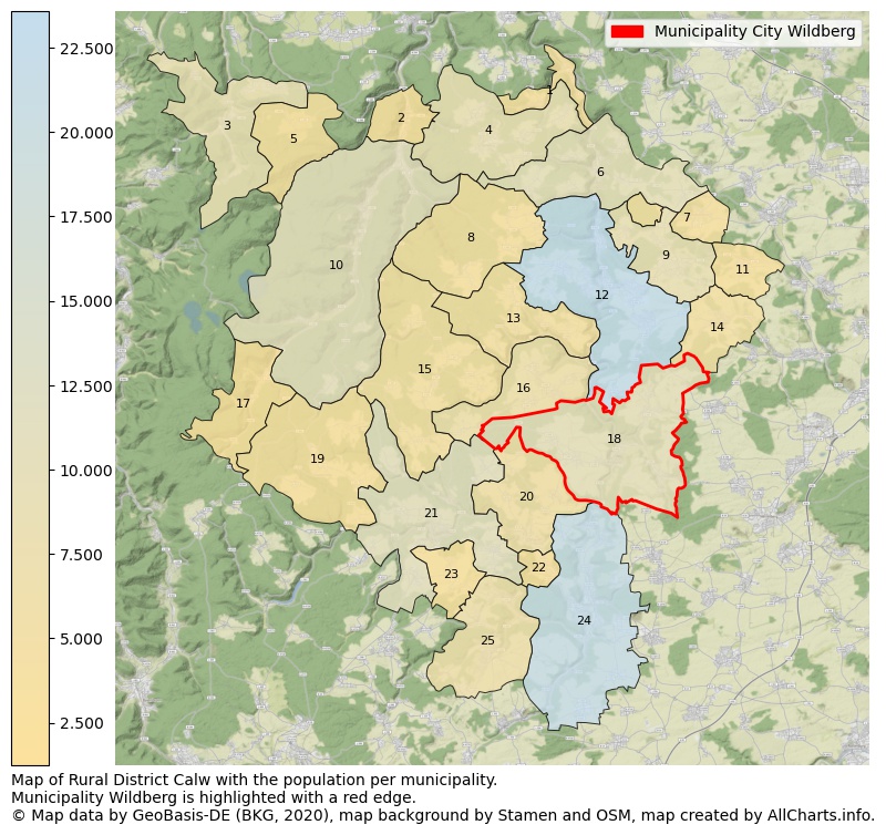 Map of Rural district Calw with the population per municipality.Municipality Wildberg is highlighted with a red edge.. This page shows a lot of information about residents (such as the distribution by age groups, family composition, gender, native or German with an immigration background, ...), homes (numbers, types, price development, use, type of property, ...) and more (car ownership, energy consumption, ...) based on open data from the German Federal Agency for Cartography, the Federal Statistical Office (DESTATIS), the Regional Statistical Offices and various other sources!