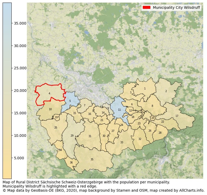 Map of Rural district Sächsische Schweiz-Osterzgebirge with the population per municipality.Municipality Wilsdruff is highlighted with a red edge.. This page shows a lot of information about residents (such as the distribution by age groups, family composition, gender, native or German with an immigration background, ...), homes (numbers, types, price development, use, type of property, ...) and more (car ownership, energy consumption, ...) based on open data from the German Federal Agency for Cartography, the Federal Statistical Office (DESTATIS), the Regional Statistical Offices and various other sources!