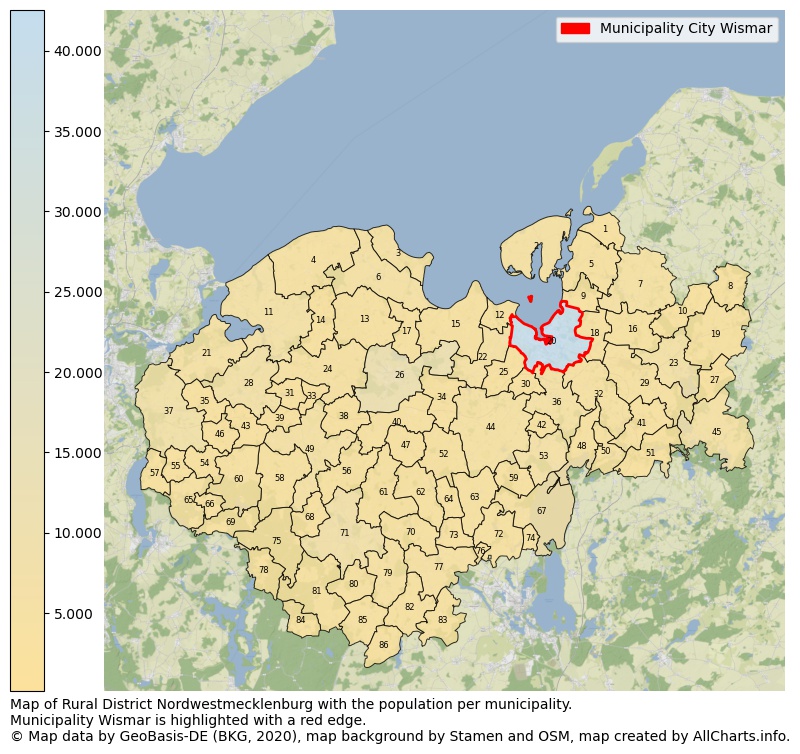 Map of Rural district Nordwestmecklenburg with the population per municipality.Municipality Wismar is highlighted with a red edge.. This page shows a lot of information about residents (such as the distribution by age groups, family composition, gender, native or German with an immigration background, ...), homes (numbers, types, price development, use, type of property, ...) and more (car ownership, energy consumption, ...) based on open data from the German Federal Agency for Cartography, the Federal Statistical Office (DESTATIS), the Regional Statistical Offices and various other sources!