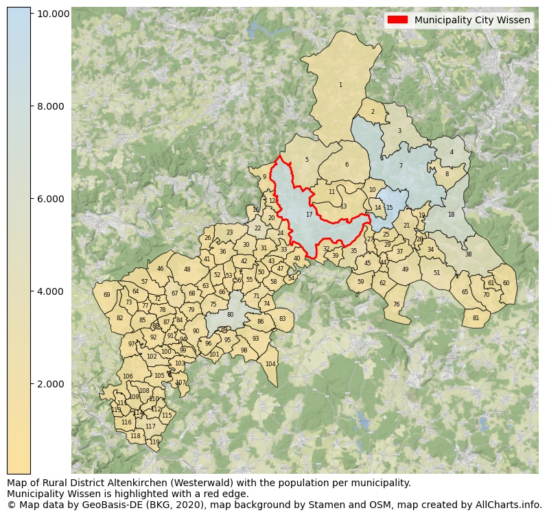 Map of Rural district Altenkirchen (Westerwald) with the population per municipality.Municipality Wissen is highlighted with a red edge.. This page shows a lot of information about residents (such as the distribution by age groups, family composition, gender, native or German with an immigration background, ...), homes (numbers, types, price development, use, type of property, ...) and more (car ownership, energy consumption, ...) based on open data from the German Federal Agency for Cartography, the Federal Statistical Office (DESTATIS), the Regional Statistical Offices and various other sources!