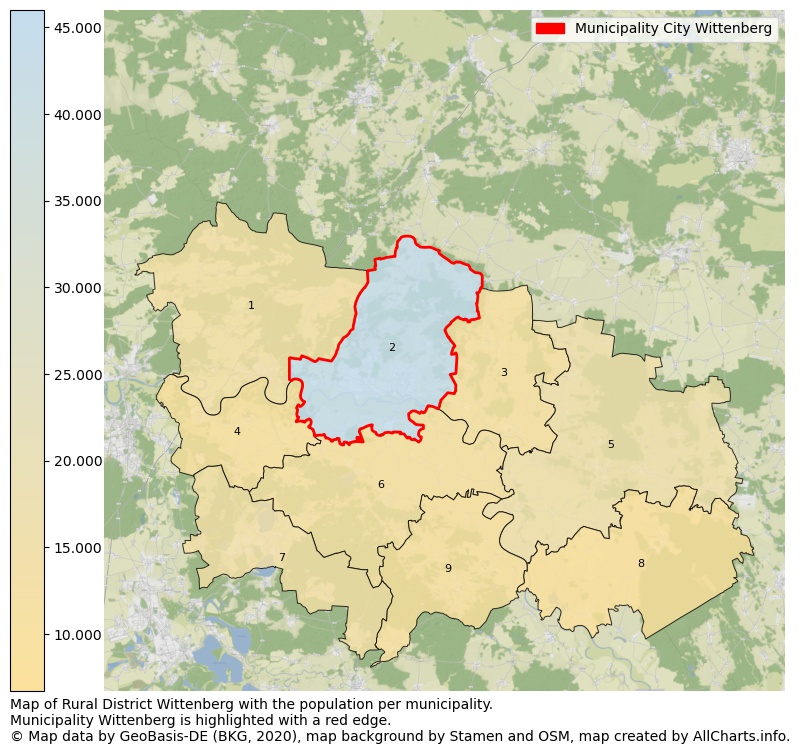 Map of Rural district Wittenberg with the population per municipality.Municipality Wittenberg is highlighted with a red edge.. This page shows a lot of information about residents (such as the distribution by age groups, family composition, gender, native or German with an immigration background, ...), homes (numbers, types, price development, use, type of property, ...) and more (car ownership, energy consumption, ...) based on open data from the German Federal Agency for Cartography, the Federal Statistical Office (DESTATIS), the Regional Statistical Offices and various other sources!