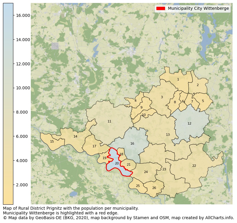 Map of Rural district Prignitz with the population per municipality.Municipality Wittenberge is highlighted with a red edge.. This page shows a lot of information about residents (such as the distribution by age groups, family composition, gender, native or German with an immigration background, ...), homes (numbers, types, price development, use, type of property, ...) and more (car ownership, energy consumption, ...) based on open data from the German Federal Agency for Cartography, the Federal Statistical Office (DESTATIS), the Regional Statistical Offices and various other sources!