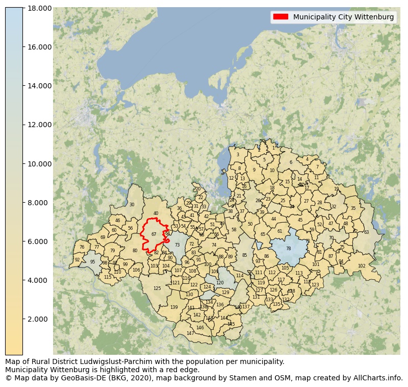 Map of Rural district Ludwigslust-Parchim with the population per municipality.Municipality Wittenburg is highlighted with a red edge.. This page shows a lot of information about residents (such as the distribution by age groups, family composition, gender, native or German with an immigration background, ...), homes (numbers, types, price development, use, type of property, ...) and more (car ownership, energy consumption, ...) based on open data from the German Federal Agency for Cartography, the Federal Statistical Office (DESTATIS), the Regional Statistical Offices and various other sources!