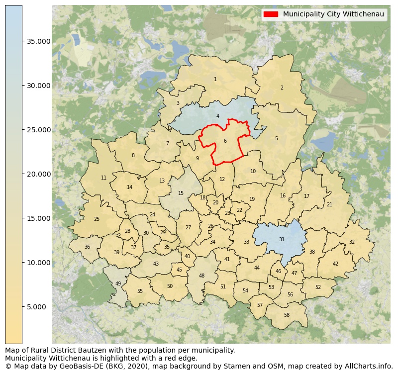 Map of Rural district Bautzen with the population per municipality.Municipality Wittichenau is highlighted with a red edge.. This page shows a lot of information about residents (such as the distribution by age groups, family composition, gender, native or German with an immigration background, ...), homes (numbers, types, price development, use, type of property, ...) and more (car ownership, energy consumption, ...) based on open data from the German Federal Agency for Cartography, the Federal Statistical Office (DESTATIS), the Regional Statistical Offices and various other sources!