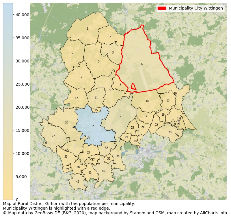 Map of Rural district Gifhorn with the population per municipality.Municipality Wittingen is highlighted with a red edge.. This page shows a lot of information about residents (such as the distribution by age groups, family composition, gender, native or German with an immigration background, ...), homes (numbers, types, price development, use, type of property, ...) and more (car ownership, energy consumption, ...) based on open data from the German Federal Agency for Cartography, the Federal Statistical Office (DESTATIS), the Regional Statistical Offices and various other sources!