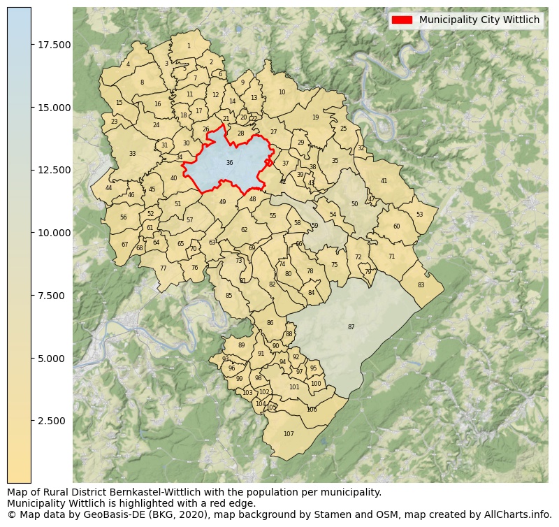 Map of Rural district Bernkastel-Wittlich with the population per municipality.Municipality Wittlich is highlighted with a red edge.. This page shows a lot of information about residents (such as the distribution by age groups, family composition, gender, native or German with an immigration background, ...), homes (numbers, types, price development, use, type of property, ...) and more (car ownership, energy consumption, ...) based on open data from the German Federal Agency for Cartography, the Federal Statistical Office (DESTATIS), the Regional Statistical Offices and various other sources!