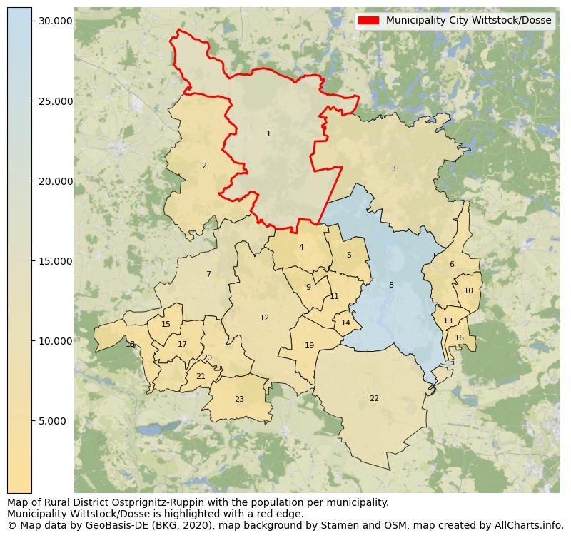Map of Rural district Ostprignitz-Ruppin with the population per municipality.Municipality Wittstock/Dosse is highlighted with a red edge.. This page shows a lot of information about residents (such as the distribution by age groups, family composition, gender, native or German with an immigration background, ...), homes (numbers, types, price development, use, type of property, ...) and more (car ownership, energy consumption, ...) based on open data from the German Federal Agency for Cartography, the Federal Statistical Office (DESTATIS), the Regional Statistical Offices and various other sources!