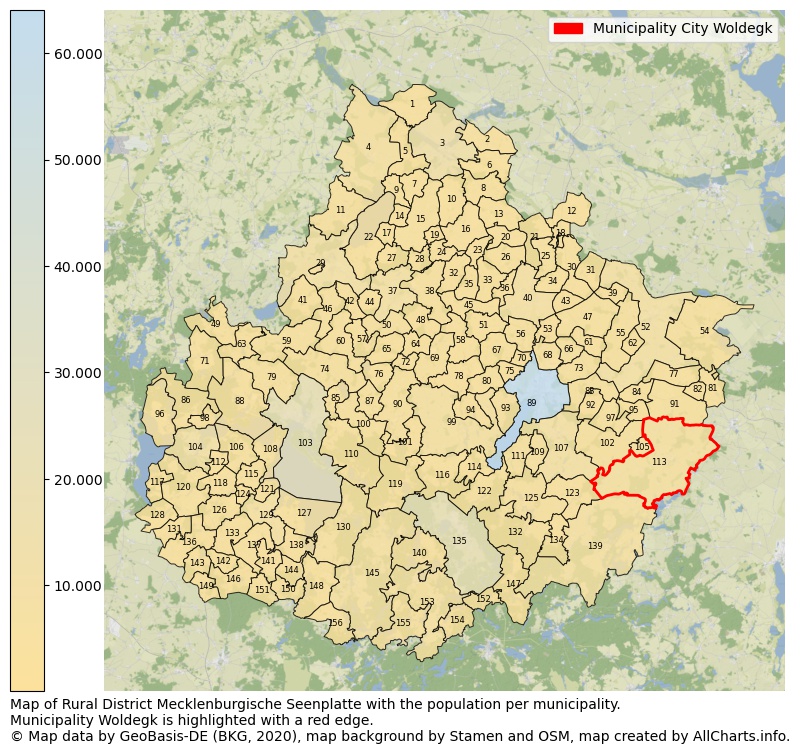 Map of Rural district Mecklenburgische Seenplatte with the population per municipality.Municipality Woldegk is highlighted with a red edge.. This page shows a lot of information about residents (such as the distribution by age groups, family composition, gender, native or German with an immigration background, ...), homes (numbers, types, price development, use, type of property, ...) and more (car ownership, energy consumption, ...) based on open data from the German Federal Agency for Cartography, the Federal Statistical Office (DESTATIS), the Regional Statistical Offices and various other sources!