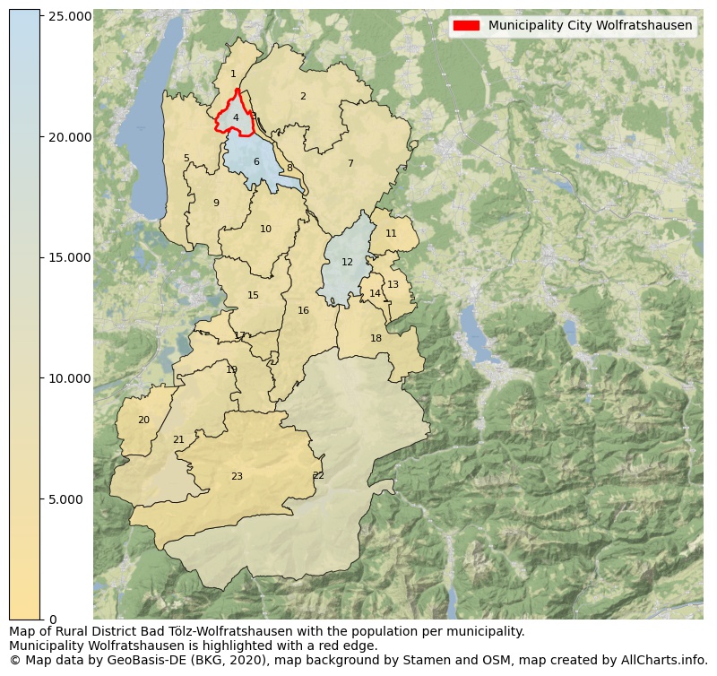Map of Rural district Bad Tölz-Wolfratshausen with the population per municipality.Municipality Wolfratshausen is highlighted with a red edge.. This page shows a lot of information about residents (such as the distribution by age groups, family composition, gender, native or German with an immigration background, ...), homes (numbers, types, price development, use, type of property, ...) and more (car ownership, energy consumption, ...) based on open data from the German Federal Agency for Cartography, the Federal Statistical Office (DESTATIS), the Regional Statistical Offices and various other sources!