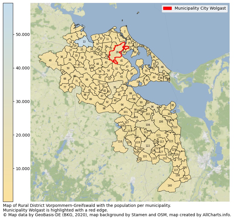 Map of Rural district Vorpommern-Greifswald with the population per municipality.Municipality Wolgast is highlighted with a red edge.. This page shows a lot of information about residents (such as the distribution by age groups, family composition, gender, native or German with an immigration background, ...), homes (numbers, types, price development, use, type of property, ...) and more (car ownership, energy consumption, ...) based on open data from the German Federal Agency for Cartography, the Federal Statistical Office (DESTATIS), the Regional Statistical Offices and various other sources!