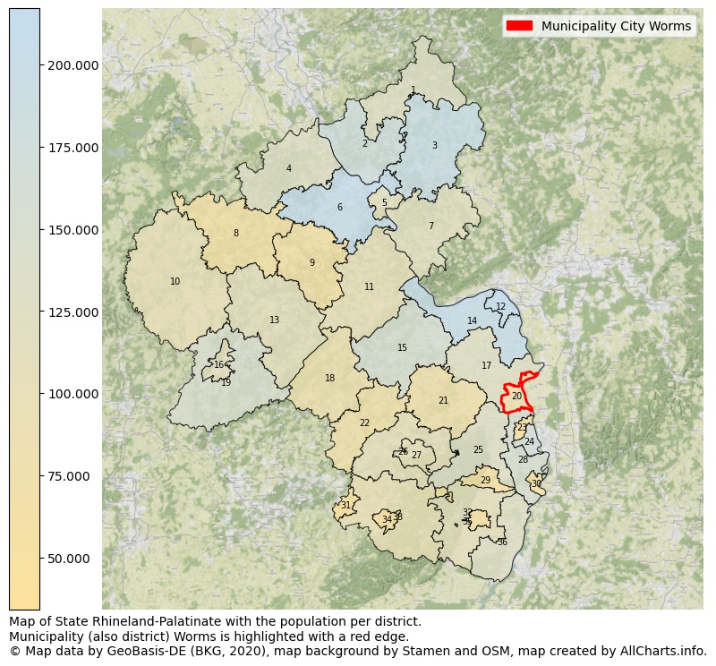 Map of State Rhineland-Palatinate with the population per district.Municipality (also district) Worms is highlighted with a red edge.. This page shows a lot of information about residents (such as the distribution by age groups, family composition, gender, native or German with an immigration background, ...), homes (numbers, types, price development, use, type of property, ...) and more (car ownership, energy consumption, ...) based on open data from the German Federal Agency for Cartography, the Federal Statistical Office (DESTATIS), the Regional Statistical Offices and various other sources!