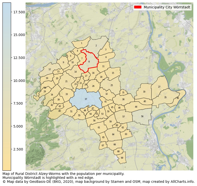 Map of Rural district Alzey-Worms with the population per municipality.Municipality Wörrstadt is highlighted with a red edge.. This page shows a lot of information about residents (such as the distribution by age groups, family composition, gender, native or German with an immigration background, ...), homes (numbers, types, price development, use, type of property, ...) and more (car ownership, energy consumption, ...) based on open data from the German Federal Agency for Cartography, the Federal Statistical Office (DESTATIS), the Regional Statistical Offices and various other sources!