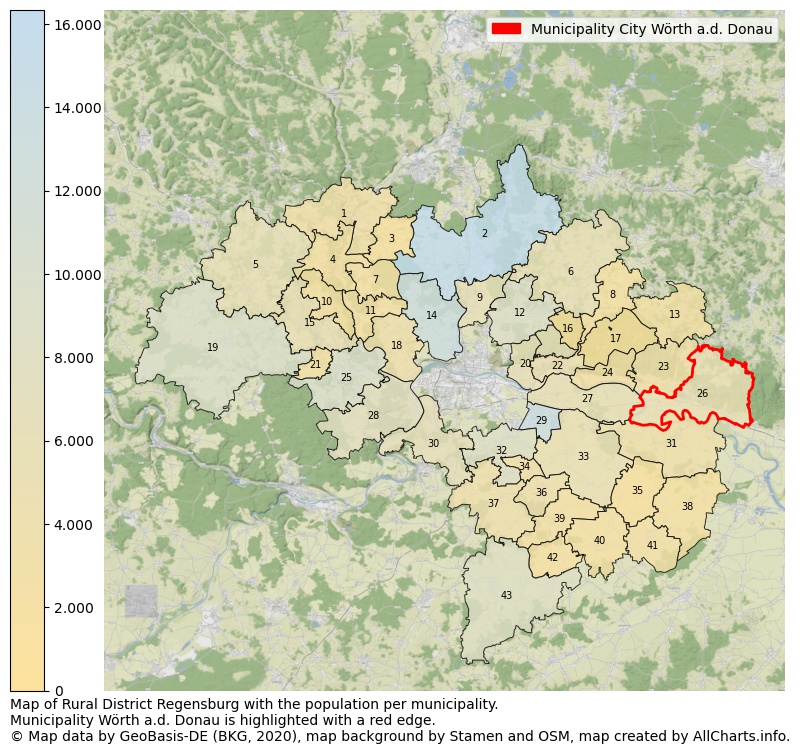 Map of Rural district Regensburg with the population per municipality.Municipality Wörth a.d. Donau is highlighted with a red edge.. This page shows a lot of information about residents (such as the distribution by age groups, family composition, gender, native or German with an immigration background, ...), homes (numbers, types, price development, use, type of property, ...) and more (car ownership, energy consumption, ...) based on open data from the German Federal Agency for Cartography, the Federal Statistical Office (DESTATIS), the Regional Statistical Offices and various other sources!