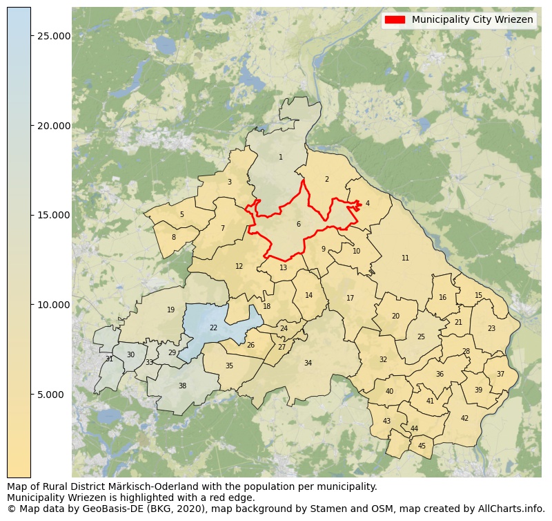 Map of Rural district Märkisch-Oderland with the population per municipality.Municipality Wriezen is highlighted with a red edge.. This page shows a lot of information about residents (such as the distribution by age groups, family composition, gender, native or German with an immigration background, ...), homes (numbers, types, price development, use, type of property, ...) and more (car ownership, energy consumption, ...) based on open data from the German Federal Agency for Cartography, the Federal Statistical Office (DESTATIS), the Regional Statistical Offices and various other sources!